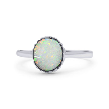 Petite Dainty Oxidized Thumb Ring Round Lab Created White Opal Solid 925 Sterling Silver